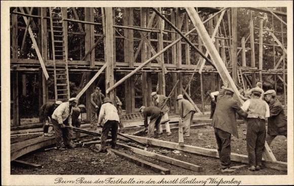 Postcard Trebbin in the Teltow Fläming district, during the construction of the festival hall in the Christian. Weißenberg settlement