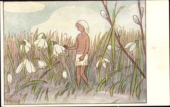 Artist PC Kreidolf, Ernst, lily of the valley greeting, fairies on a meadow, willow branches