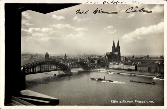 Postcard Cologne on the Rhine, view of the Rhine, Hohenzollern Bridge, Cologne Cathedral, ships