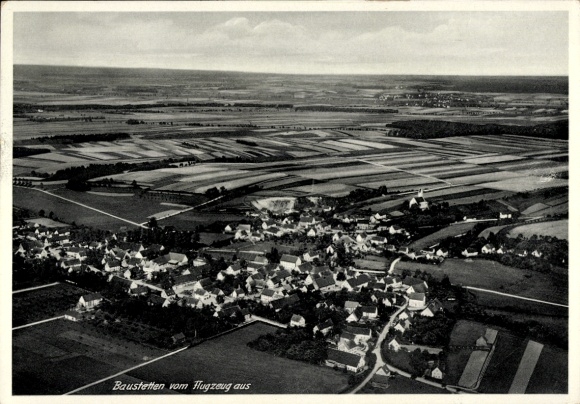 Postcard Baustetten Laupheim in Upper Swabia, aerial view of wide fields, a church can be seen