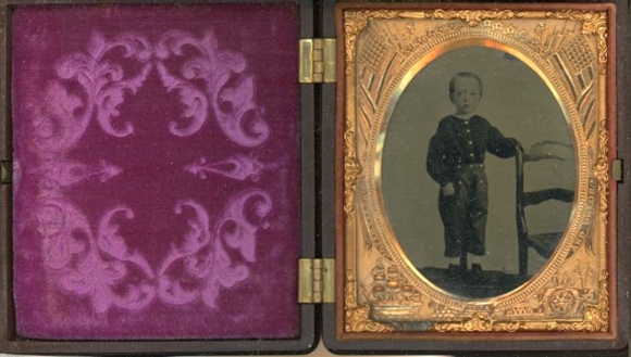 Daguerreotype Photo portrait Gold Frame Antique Violet Velvet, Child with Chair