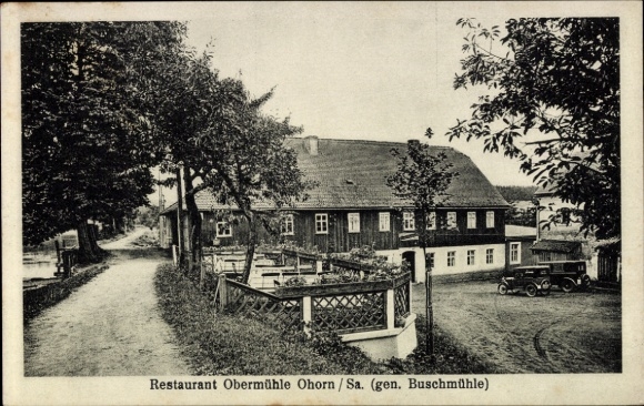 Ak Ohorn in Saksen, Restaurant Obermühle, gebouw, gondelvijver