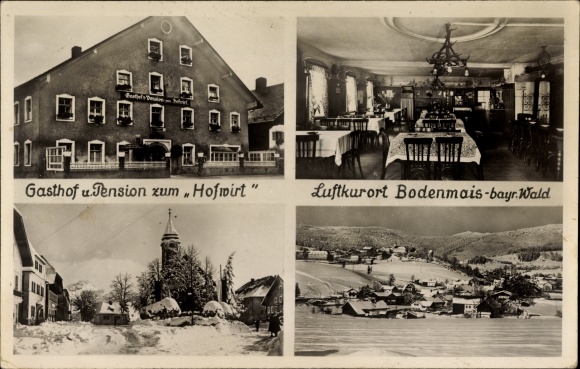 Ak Bodenmais im Bayerischen Wald, Gasthof und Pension zum Hofwirt, Kirche und Ort im Winter