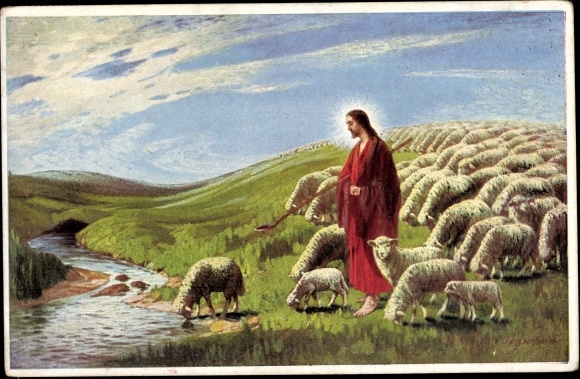 Artist Postcard Bernhard, F., The Good Shepherd, Jesus, Sheep