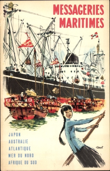 Kunstenaarskaart Messageries Maritimes, Japon, Australie, Alantique, passagiersstoomboten in Azië