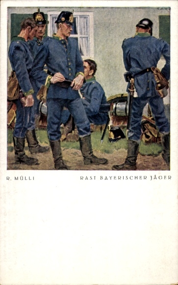 Artist Postcard Mülli, R., Rest of Bavarian Hunters, Uniforms
