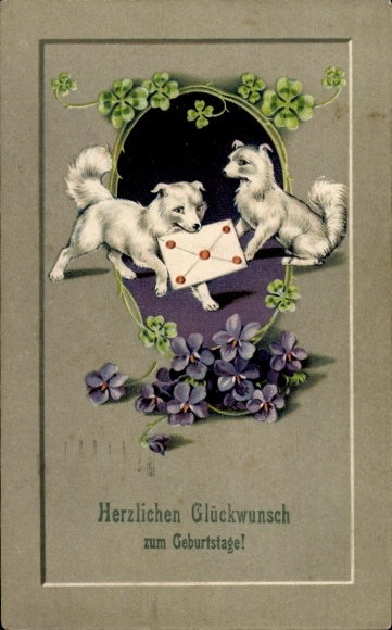 Postcard Altfriedstein Niederlößnitz Radebeul, Two dogs holding a letter with a red seal in their mouths...