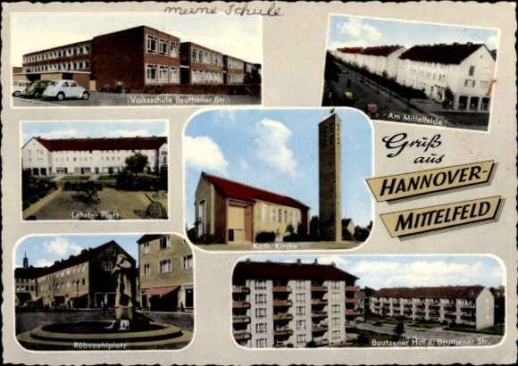 Postcard Mittelfeld Hannover in Lower Saxony, Beuthener Straße elementary school, Catholic Church