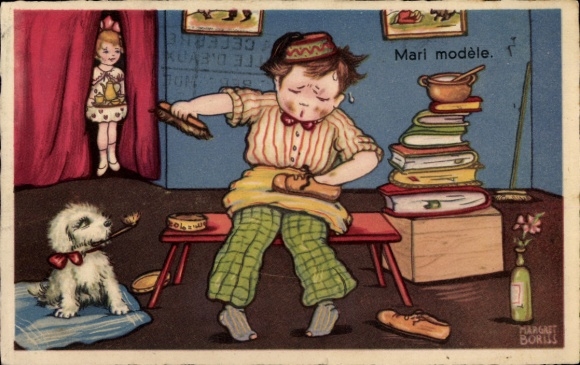 Postcard Dresden Altfranken, Mari modèle boy cleaning shoes, dog holding brush in mouth, girl...