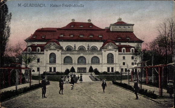 Postcard Mönchengladbach on the Lower Rhine, Kaiser-Friedrichhalle, architectural building, park,