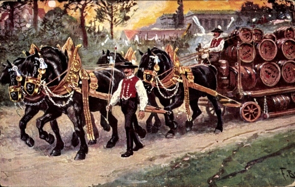 Artist Postcard Munich Oktoberfest, beer carriage, Bavarian costume, parade