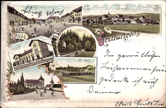 Chromo-Litho Gerstungen in Thuringia, market square, train station, castle, vineyard, Kohlbach