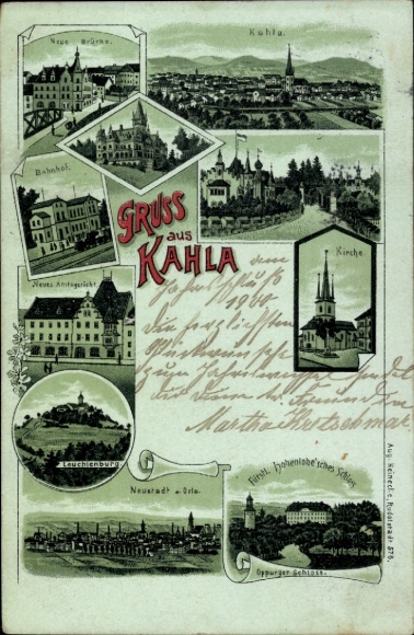 Litho Kahla im Saale Holzland Kreis Thüringen, Bahnhof, Amtsgericht, Schloss, Leuchtenburg, Brücke