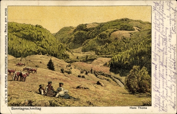 Artist Postcard Thoma, H., Sunday afternoon, farmers, cows