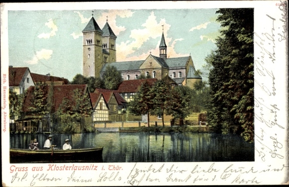 Ak Bad Klosterlausnitz in Thüringen, Verschiedene Gebäude, Wasseransicht, Menschen im Boot
