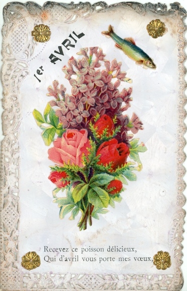 Ak Glückwunsch 1. April, Fische, Blumen, Rosen, Veilchen