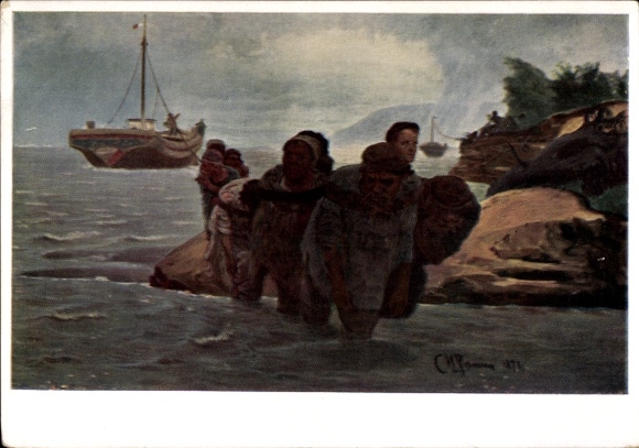 Künstler Ak Répine E., Les haleurs de Volga