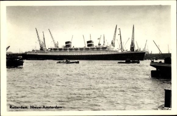 Postcard steamer SS Nieuw Amsterdam, Holland America Line, HAL, Port of Rotterdam