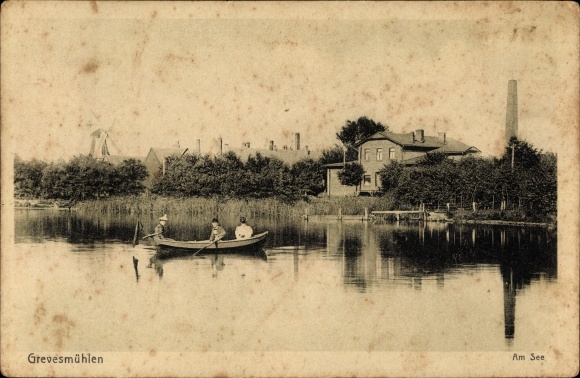Postcard Grevesmühlen in Mecklenburg, rowing boat on the lake, windmill