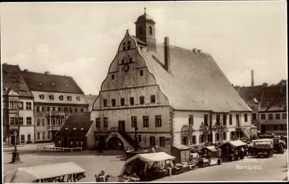 Postcard Grimma in Saxony, market place, stands