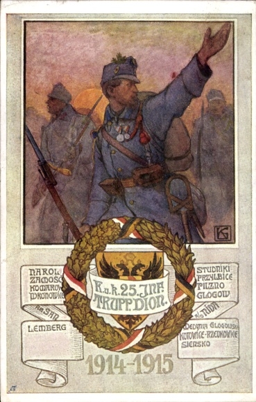 Regimental Artist Postcard Austrian Soldier, German School Association, KuK 25th Infantry Division