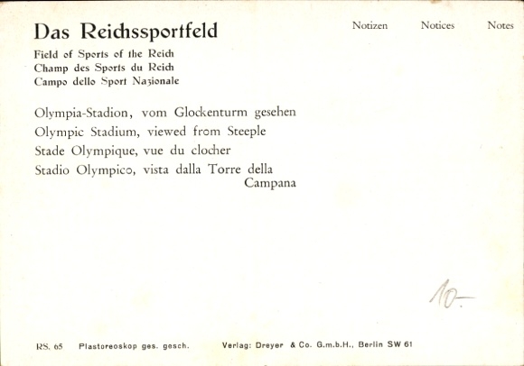 3 D Postcard Reichssportfeld, Olympic Stadium seen from the bell tower, Plastoreoscope spatial image