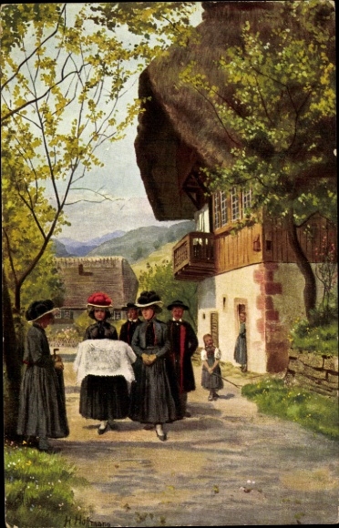 Künstler Ak Hoffmann, H., Kindtaufe, Frauen in Schwarzwälder Tracht, Berghaus