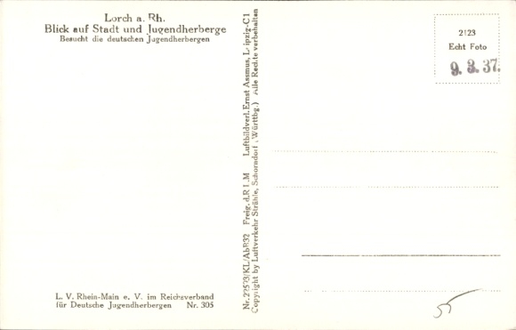 Postcard Lorch in Rheingau Hessen, aerial photography, youth hostel