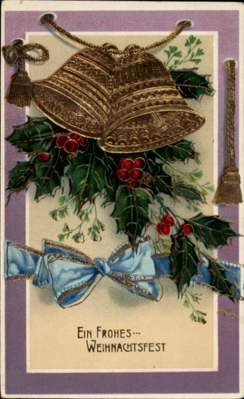 Ak Gefeliciteerd Kerstmis, bellen, hulst, strik