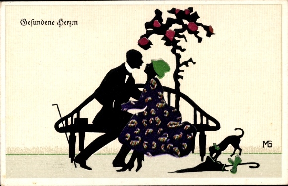 Paper cutting Postcard Graf, Marte, Found hearts, lovers on a bench