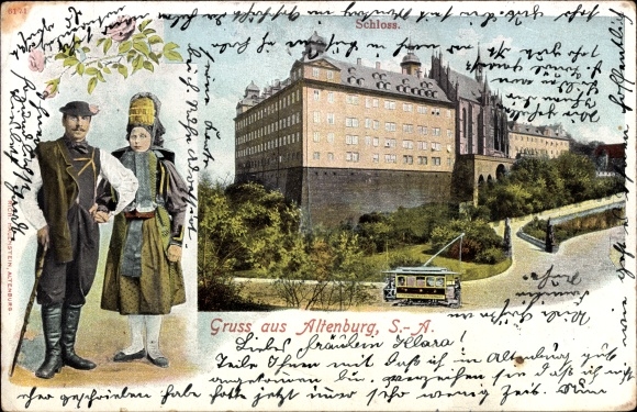 Ak Altenburg in Thüringen, Schloss, Straßenbahn, Paar in Tracht