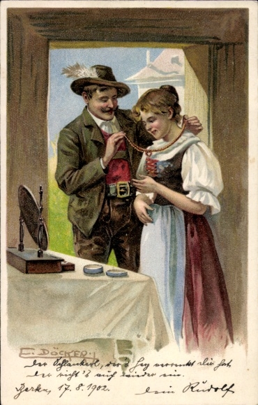 Kunstenaar litho Döcker, E., echtpaar in Oostenrijkse klederdracht, halsketting