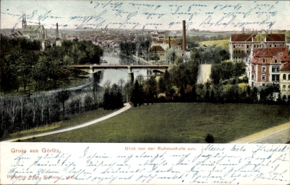 Ak Görlitz in der Lausitz, Gruss aus  Blick von der Ruhmeshalle, landschaftliche Darstellung