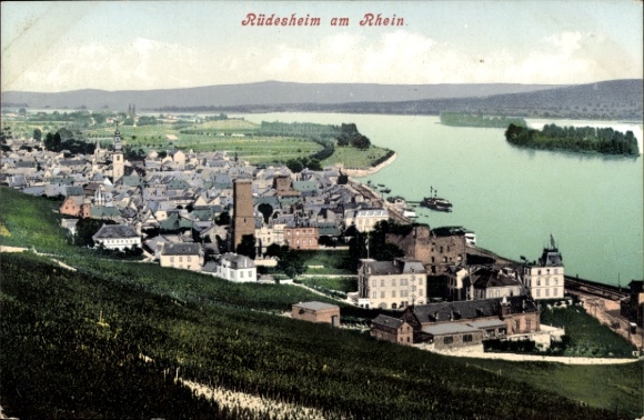 KP Rüdesheim am Rhein, widok na miasto, Ren, winnice,