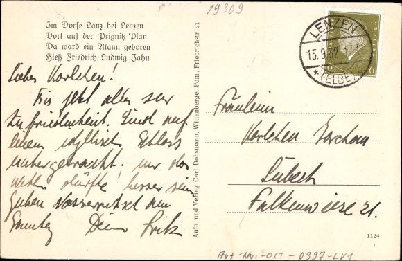 Postcard Lenzen on the Elbe, birthplace of Jahn, Wolffsche inn