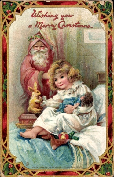 Passepartout Ak Glückwunsch Weihnachten, Weihnachtsmann, Mädchen, Spielzeuge