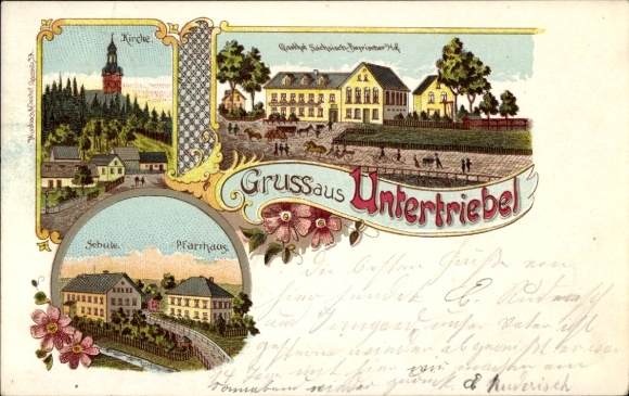 Chromo-Litho Untertriebel Triebel in Vogtland, church, school, rectory