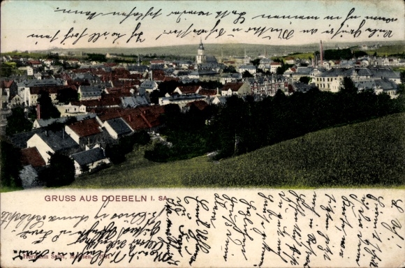 Ak Döbeln in Sachsen, Blick auf  Häuser, Bäume, Himmel, eine Kirche ist zu sehen.