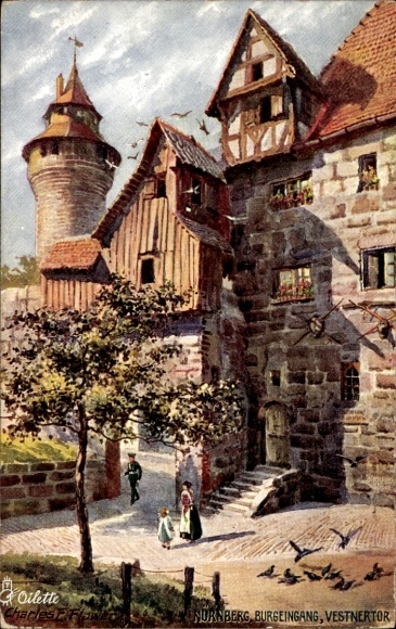 Artist Postcard Flower, Charles, Nuremberg in Middle Franconia Bavaria, castle entrance, Vestnertor