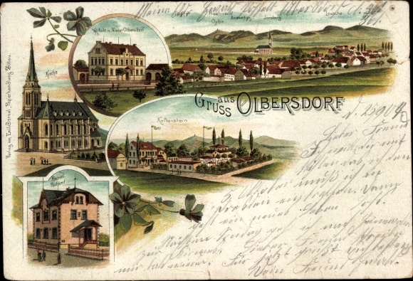 Chromo-Litho Olbersdorf in Saxony, church, long shot, school, Kaltenstein