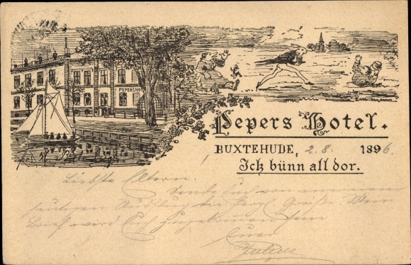 Chromo-Litho Buxtehude in Lower Saxony, L. Sepers Hotel, rabbit and hedgehog, Ick bünn all dor
