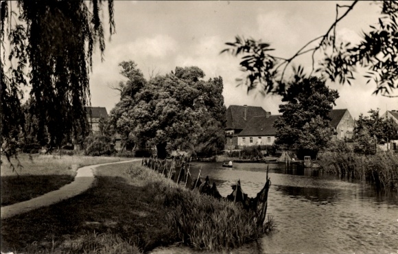 Ak Bad Lausick in Sachsen, Schöne Landschaft mit Wasserweg, Bäume, Gebäude, schwarz-weiß,  
