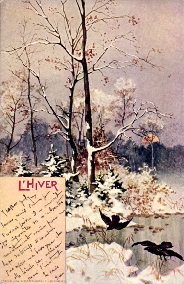 Chromo-Litho allegory, winter, landscape, bare trees