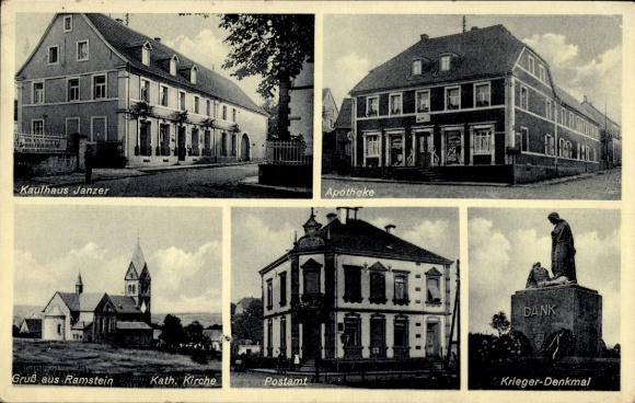 Postcard Ramstein Miesenbach id Pfalz, Janzer department store, pharmacy, Catholic church, post office, war memorial