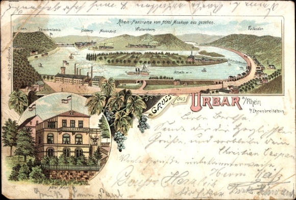Chromo-Litho Urbar am Rhein near Koblenz, Rhine panorama, Hotel