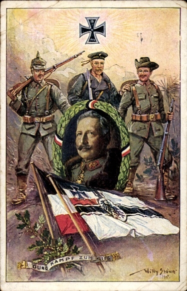 Artist Postcard Stöwer, Willy, Through struggle to victory, colonial warrior thanks, flags, sailor, soldiers