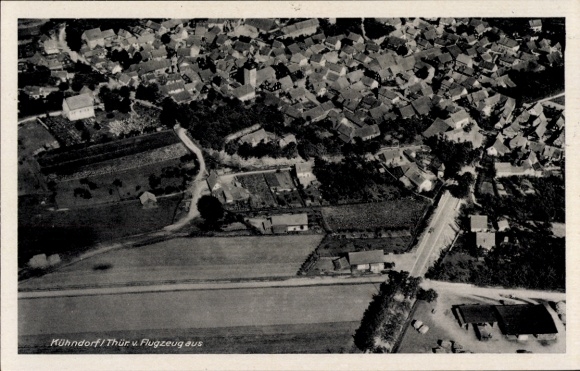 Postcard Kühndorf in the Thuringian Forest, aerial view of houses, field paths, land area