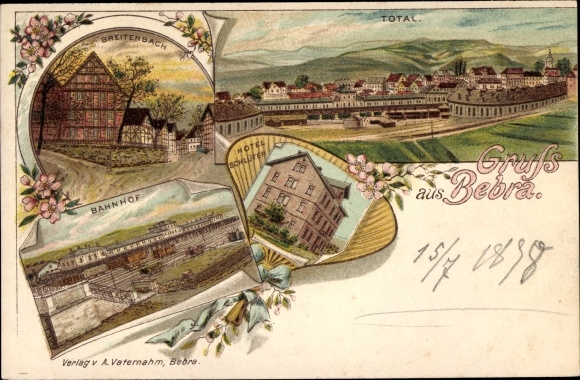 Chromo-Litho Bebra Hesse, Breitenbach, train station, total view, Hotel Schlueter