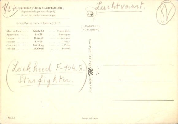 Postcard Belgian military aircraft, Lockheed F-104G Startfighter