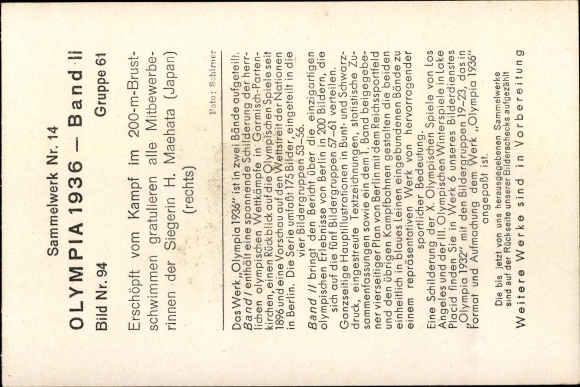 Collection picture Olympia 1936, swimmers, winner H. Maehata